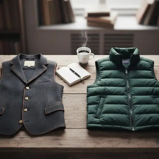 Dark gray woolen gilet with brown trim and gold buttons beside green puffer vest