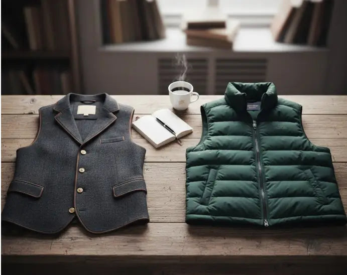 Dark gray woolen gilet with brown trim and gold buttons beside green puffer vest