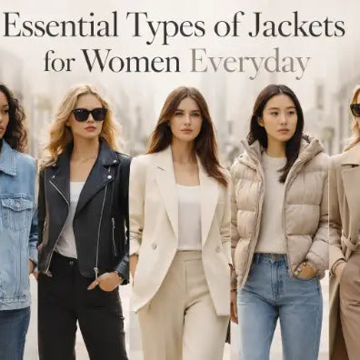 Five women modeling essential everyday jackets including denim, black leather biker, cream blazer, beige puffer, and tan trench coat.