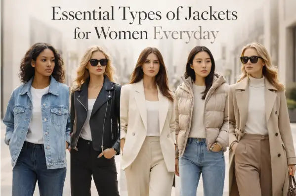 Five women modeling essential everyday jackets including denim, black leather biker, cream blazer, beige puffer, and tan trench coat.