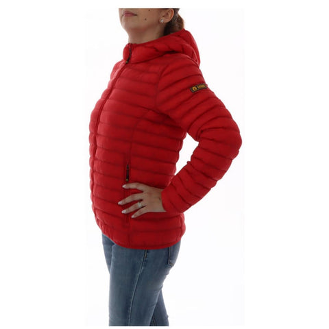 Woman in red Ciesse Piumini jacket, urban style