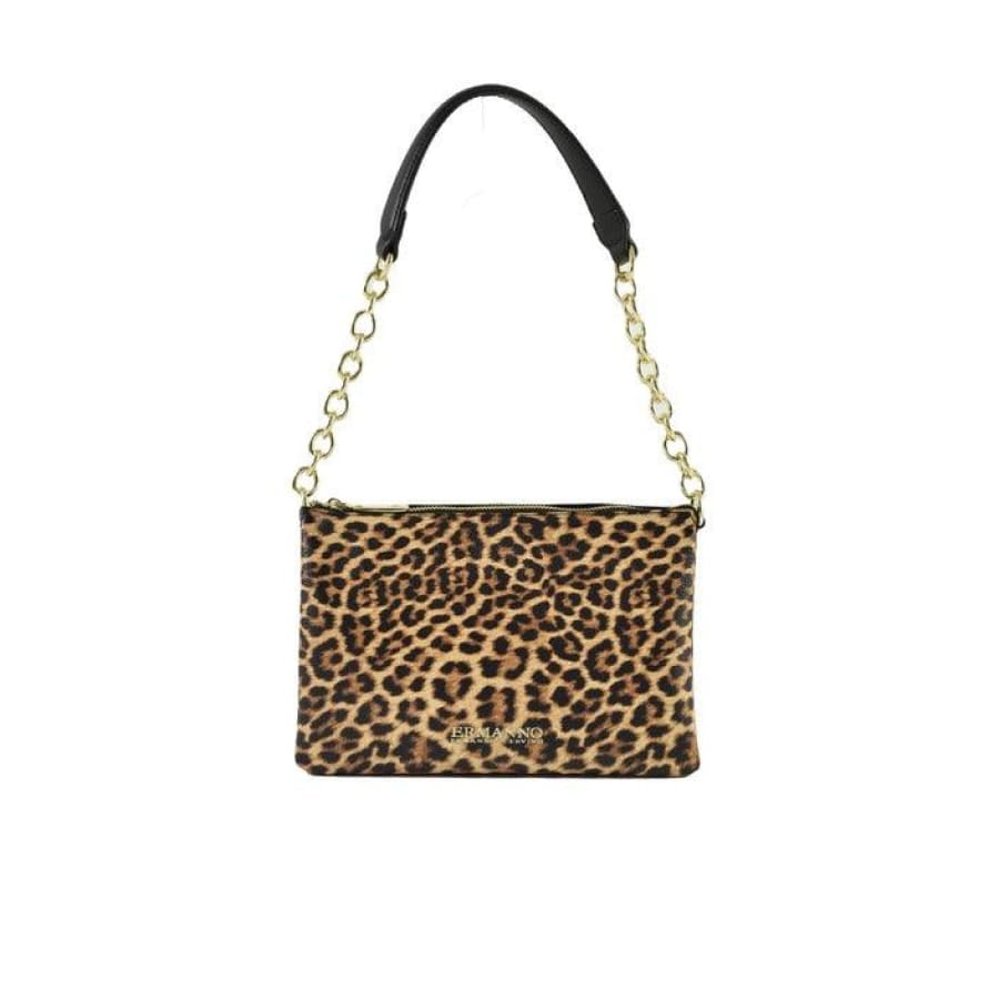 Ermanno Scervino leopard print bag in an urban city fashion collection.