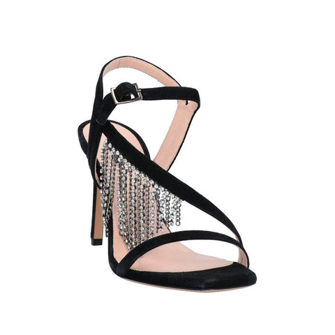 Black high heel sandals with chain from Pinko’s Italian luxury collection