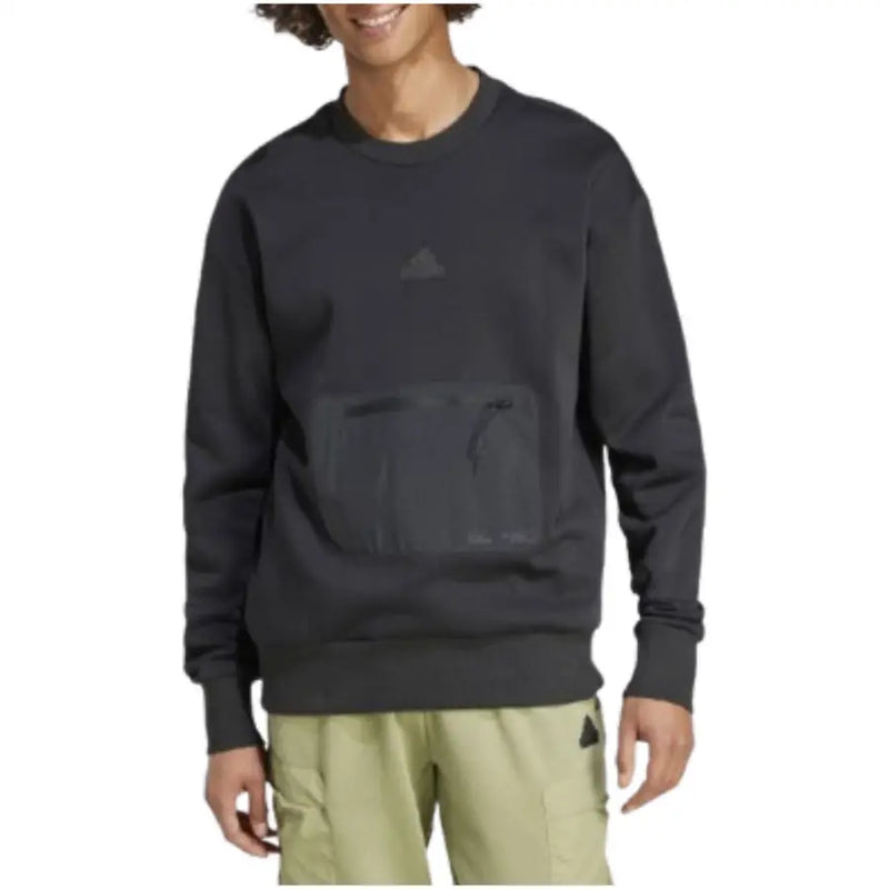 Adidas black men’s sweatshirt made of dark gray fabric with subtle tonal front pocket graphic and functional front pockets