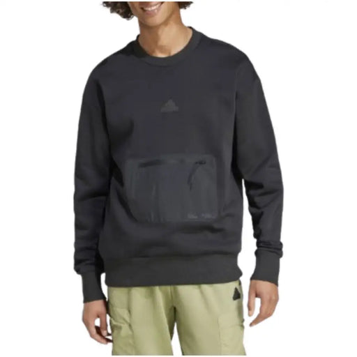 Adidas black men’s sweatshirt made of dark gray fabric with subtle tonal front pocket graphic and functional front pockets