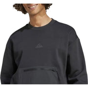 Adidas black men’s sweatshirt in dark gray with subtle embroidered logo and front zippered pocket