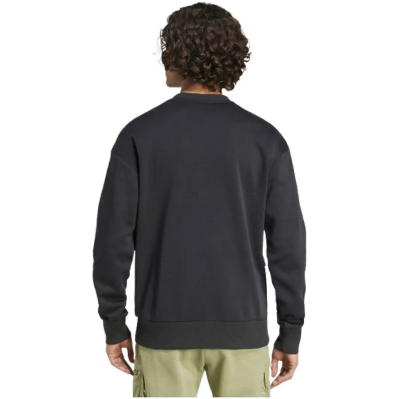 Adidas black men’s crewneck sweatshirt with soft textured fabric ribbed cuffs and front pockets