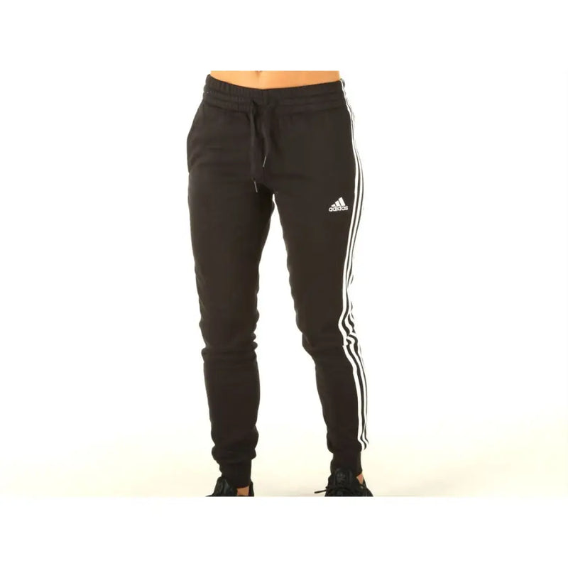 Adidas black sweatpants featuring white three-stripe side panels and a matching drawstring waistband