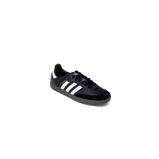 Adidas men leather samba sneaker in black with white three stripes and blue tongue tab size 2.5