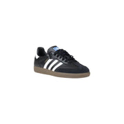 Adidas men sneakers black leather with white stripes tan rubber sole and black laces for spring summer shoes