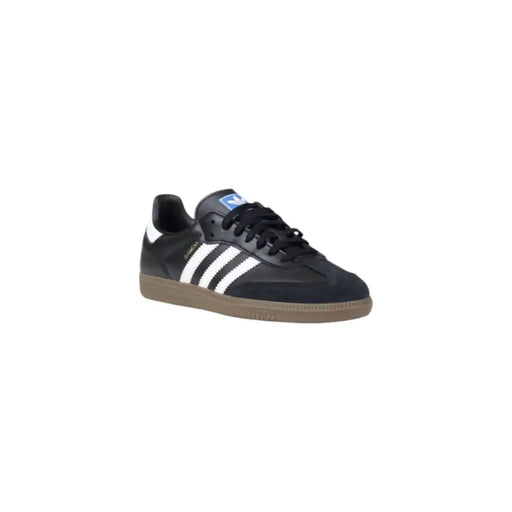 Adidas men sneakers black leather with white stripes tan rubber sole and black laces for spring summer shoes