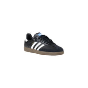 Adidas men sneakers black leather with white stripes tan rubber sole and black laces for spring summer shoes