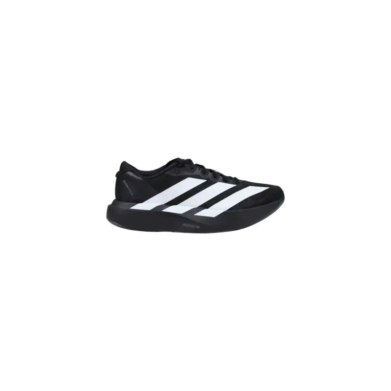 Adidas men sneakers black synthetic fabric with three bold white stripes designed for running