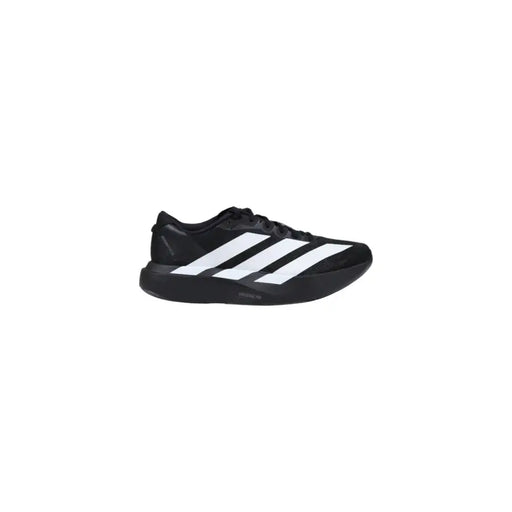 Adidas men sneakers black synthetic fabric with three bold white stripes designed for running