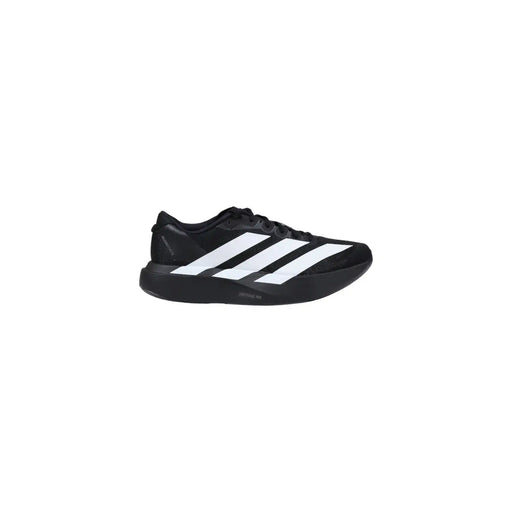 Adidas men sneakers black synthetic fabric with three bold white stripes designed for running