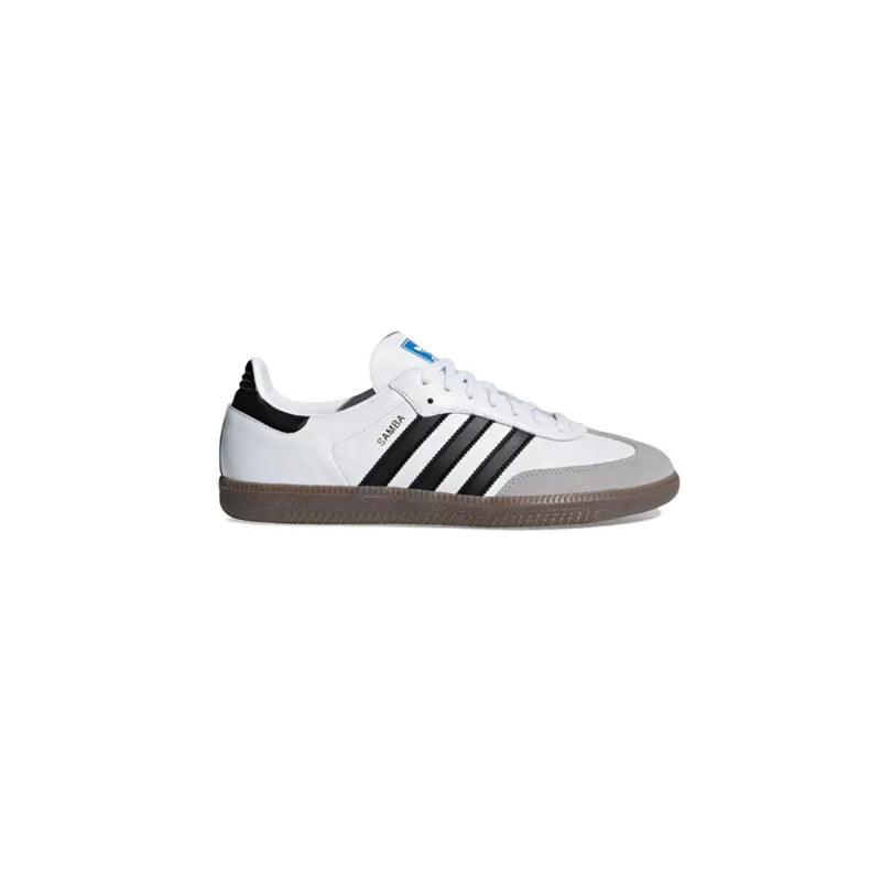 Adidas men sneakers white leather samba with black three stripes gray toe cap and gum rubber sole B75806