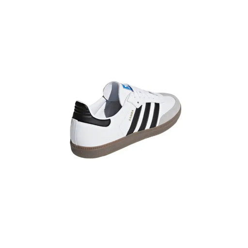 White adidas samba leather sneaker with black three stripes gum sole and blue heel logo shown from the back side