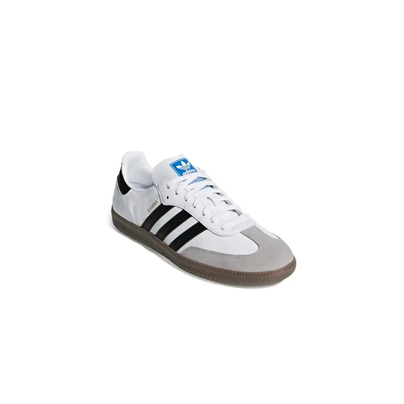 Adidas men sneakers white leather sporty B75806 with white and gray upper black stripes blue logo and brown sole