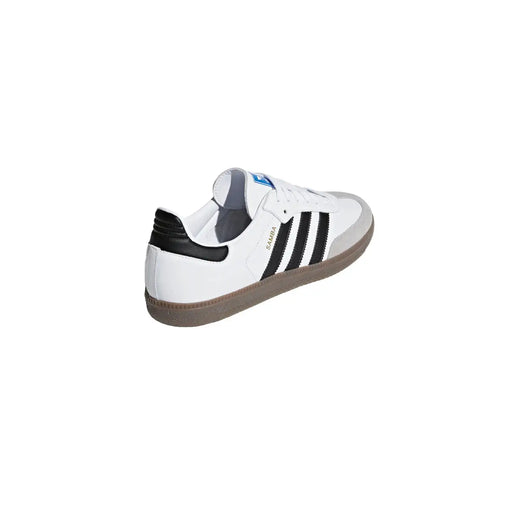 White adidas samba leather sneaker with black three stripes gum sole and blue heel logo shown from the back side
