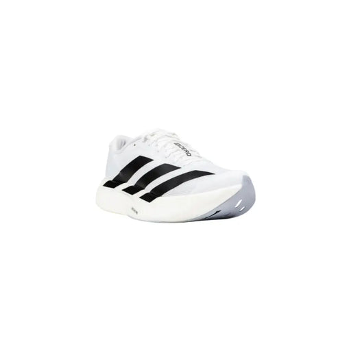 Adidas men sneakers white synthetic slip on featuring black three stripes and gray heel accent in adizero style