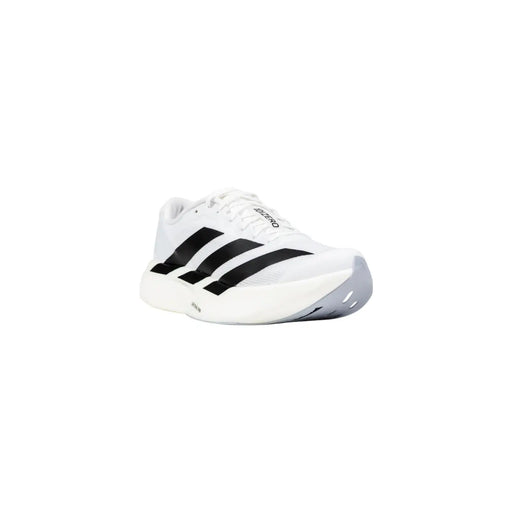 Adidas men sneakers white synthetic slip on featuring black three stripes and gray heel accent in adizero style