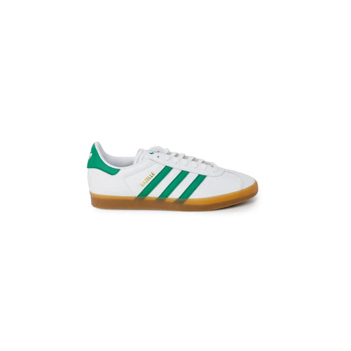 Adidas men white synthetic lace up sneakers with vibrant green stripes and heel tab and gum rubber sole