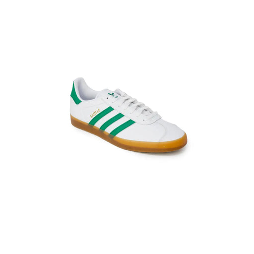 Adidas men white synthetic lace up sneaker with green stripes and gum rubber sole size 2 front view
