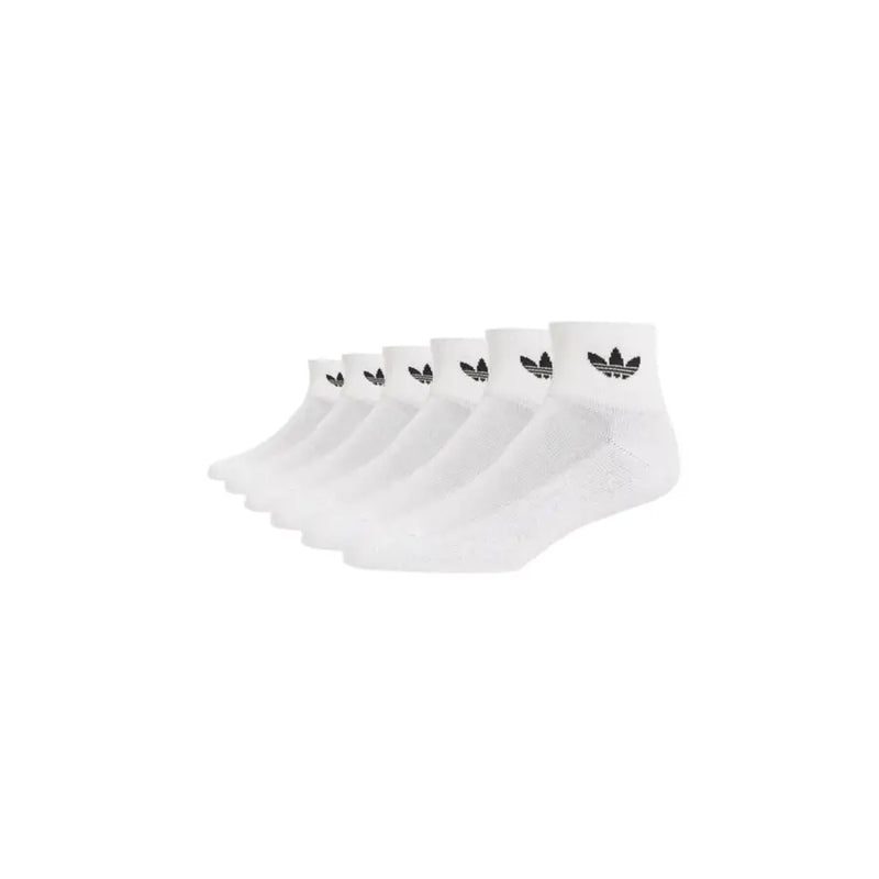 Six pairs of white Adidas Trefoil logo quarter-length socks displayed in Adidas Men White Spring Summer Underwear