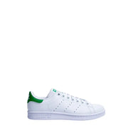 White adidas stan smith sneaker with green synthetic accents, classic leather upper, and rubber sole for men