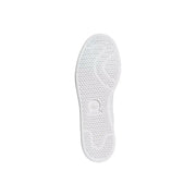 Back side of white adidas originals men sneakers green synthetic sole with honeycomb pattern and trefoil logo embossed