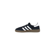 Adidas originals women suede handball spezial sneaker in black with three white stripes and gum-colored sole