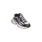Adidas Originals women white sneakers fabric rubber with black and white leather, gold accents, chunky sole, and three stripes
