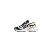 Adidas Originals women white sneakers with fabric upper, black and gold accents, and chunky rubber sole