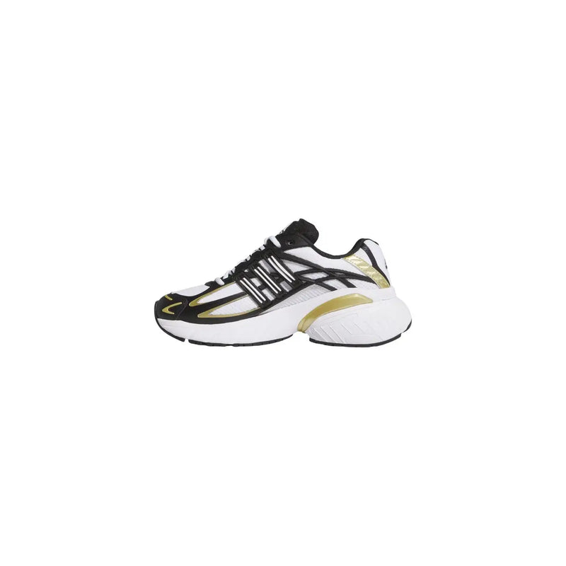Adidas Originals women white sneakers with fabric upper, black and gold accents, and chunky rubber sole