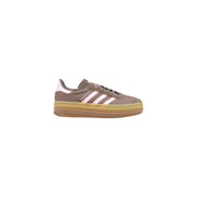 Adidas women leather gazelle bold sneaker in brown suede with pink stripes and gum-colored rubber sole