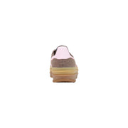 Adidas women leather gazelle bold sneaker with beige suede upper pink leather heel tab and layered rubber sole