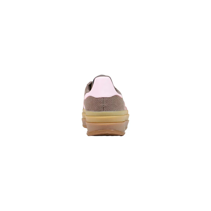 Adidas women leather gazelle bold sneaker with beige suede upper pink leather heel tab and layered rubber sole