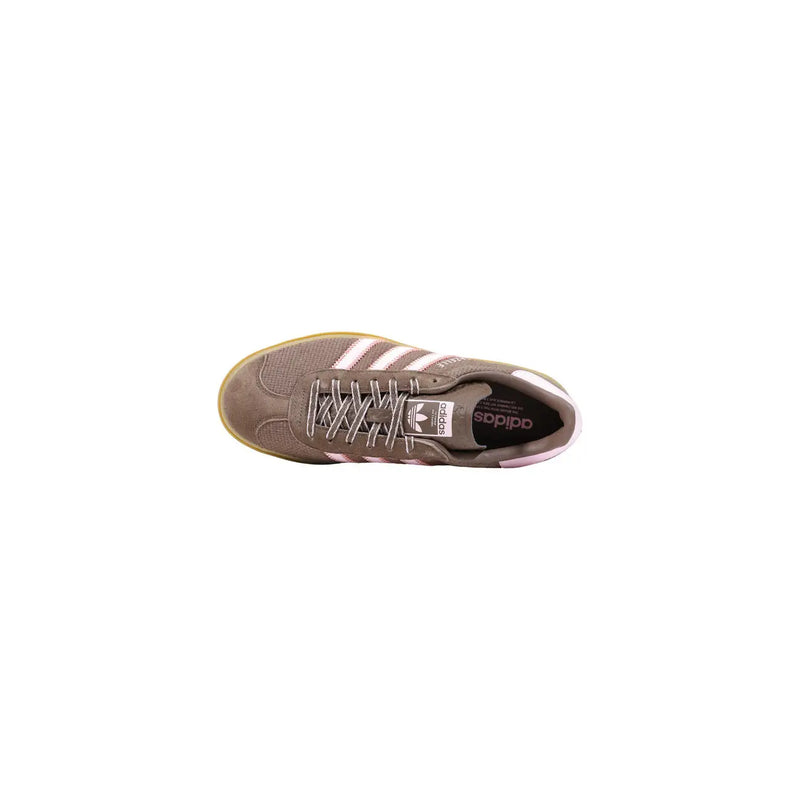 Adidas women leather gazelle bold sneaker in brown suede with white stripes and gum rubber sole