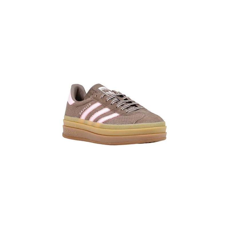 Adidas women leather gazelle bold sneaker in brown suede with pink stripes and gum-colored rubber sole