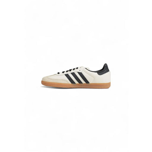 Cream-colored adidas samba leather sneaker with black three stripes and gum rubber sole for women lace up shoes