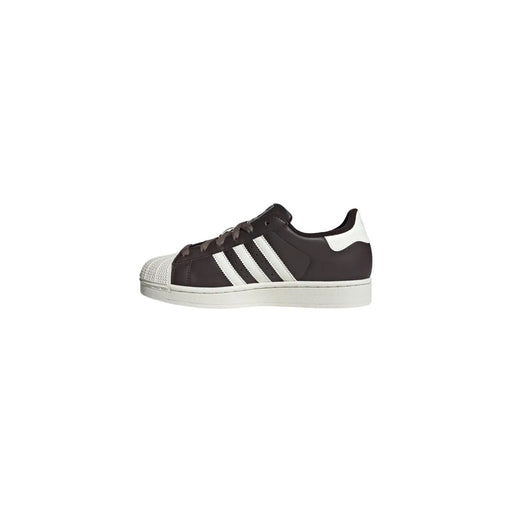 Adidas women leather superstar sneakers brown featuring dark brown suede upper white rubber toe cap and three stripes