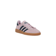 Adidas women pink leather slip on sporty sneaker with pink suede upper navy blue stripes and gum rubber sole