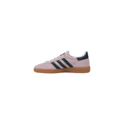 Adidas women pink leather slip on sporty sneaker in pastel pink suede with dark green stripes and gum rubber sole