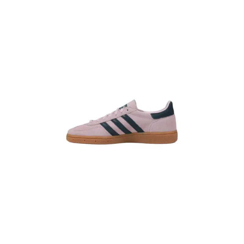 Adidas women pink leather slip on sporty sneaker in pastel pink suede with dark green stripes and gum rubber sole