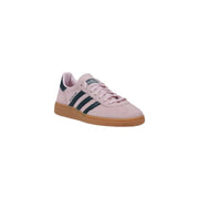 Adidas women pink leather slip on sporty sneaker with pink suede upper navy blue stripes and gum rubber sole
