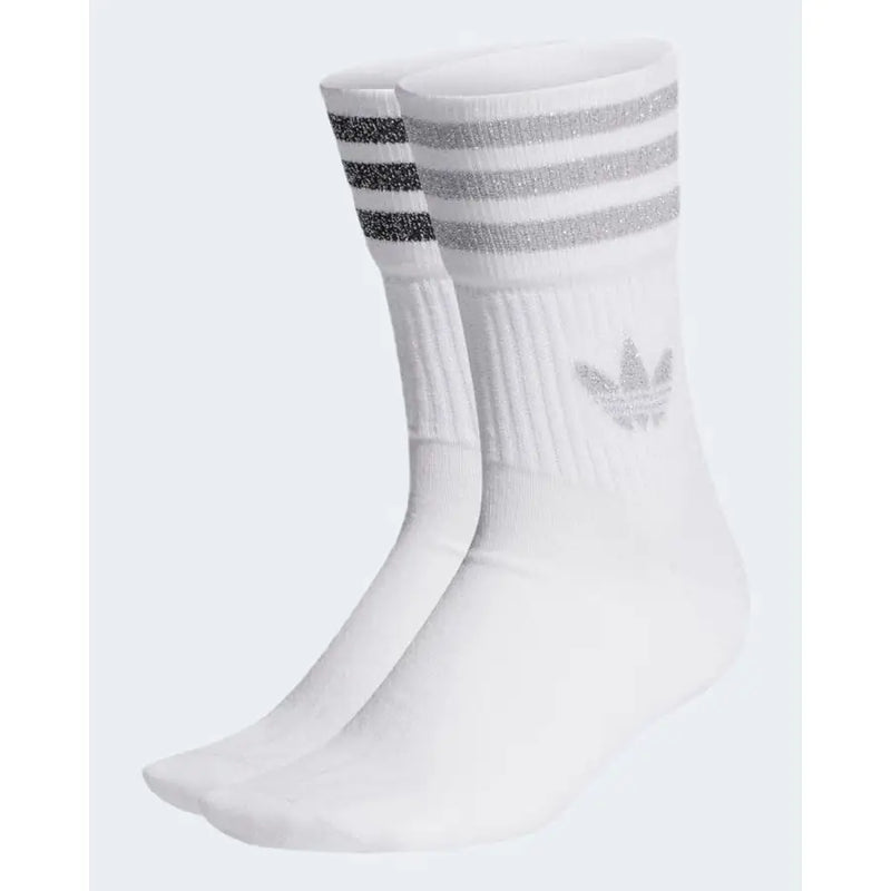 White Adidas women’s cotton blend socks with silver glitter stripes and trefoil logo