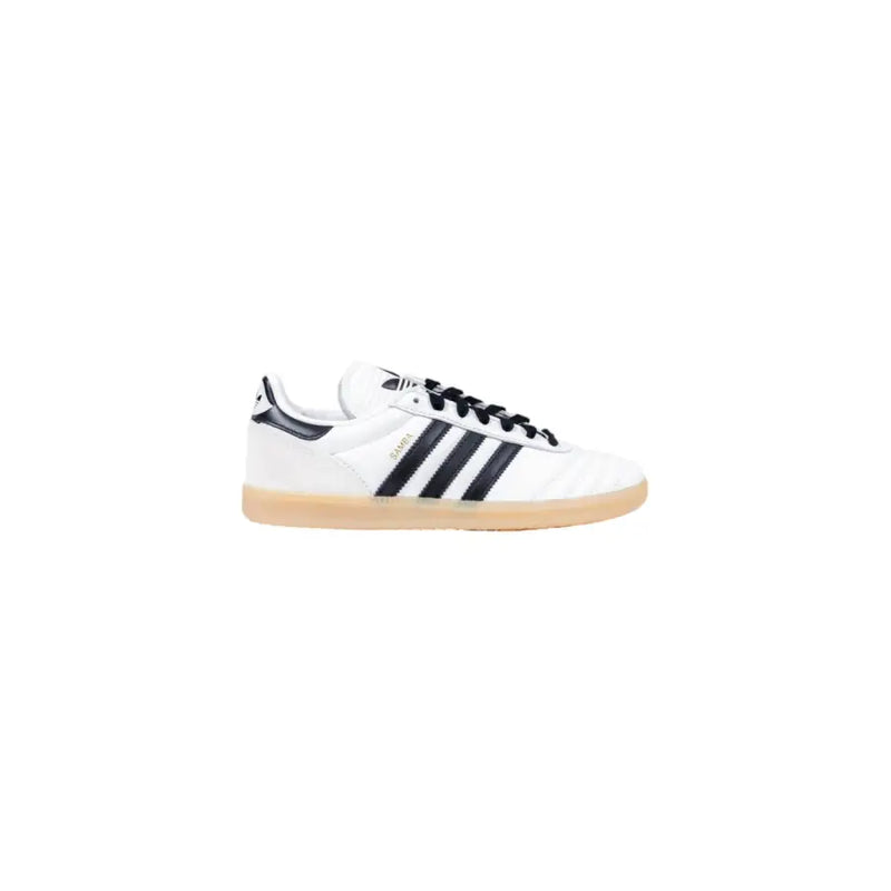 Adidas women white faux leather slip on sporty sneaker with black three stripes black laces and gum rubber sole