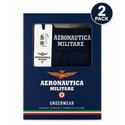 Ensemble de boxers pour homme Aeronautica Militare bleu marine en coton, avec inscription brodée blanche et logo aigle orange, dans une boîte