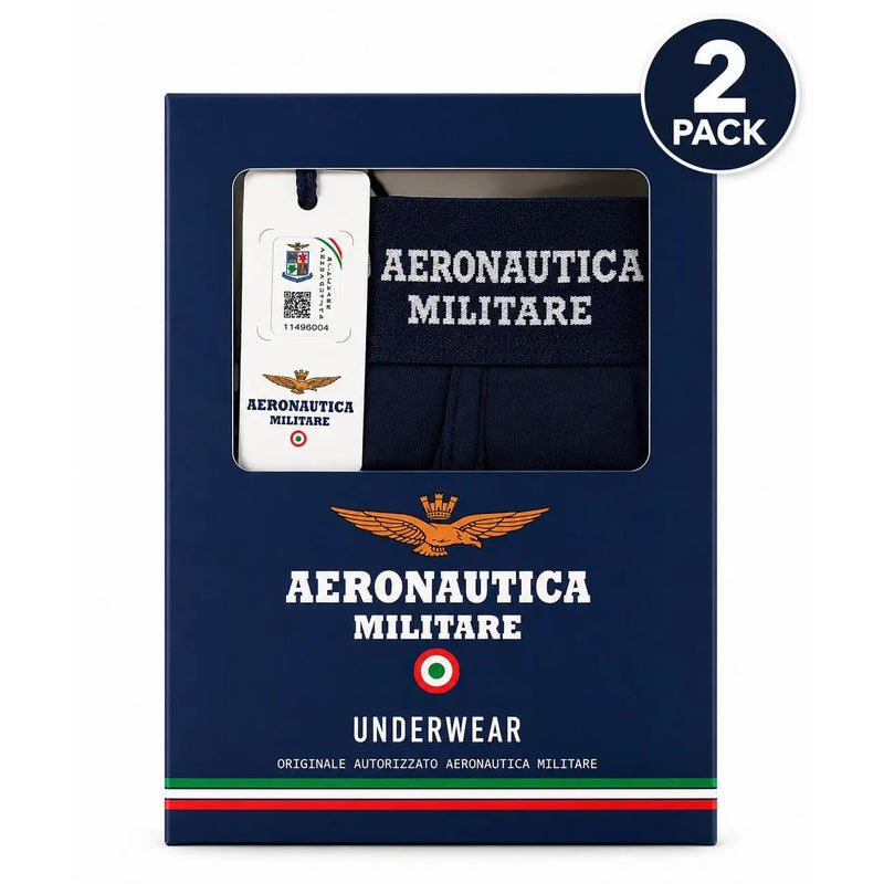 Ensemble de boxers pour homme Aeronautica Militare bleu marine en coton, avec inscription brodée blanche et logo aigle orange, dans une boîte