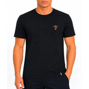 Black aeronautica militare men cotton t-shirt with gold embroidered logo and red white and blue tag on bottom right hem